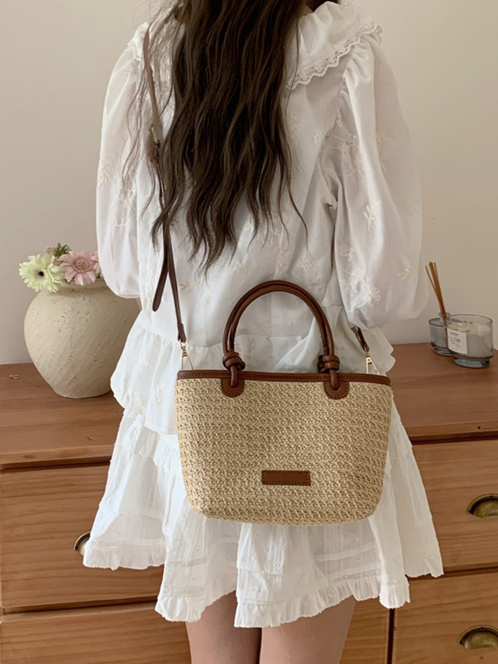 Woven Straw Tote Bag with Brown Trim - Picture 4 of 5